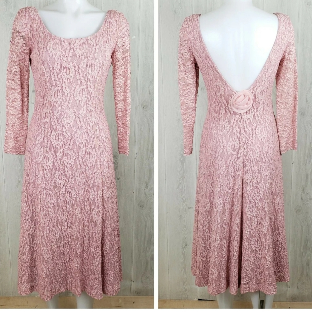Vtg Lanz RSVP Sz 6 Pink Romantic Deep Back V Neck Lace Midi Dress Bridal…